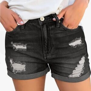 womens distressed high waisted black denim ripped jean shorts stretchy cuffed